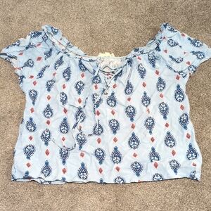 Blue Patterned Women's Lace-up Top